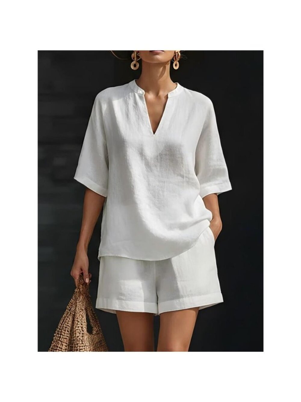 Full Size Notched Half Sleeve Top and Shorts Set Plus Size